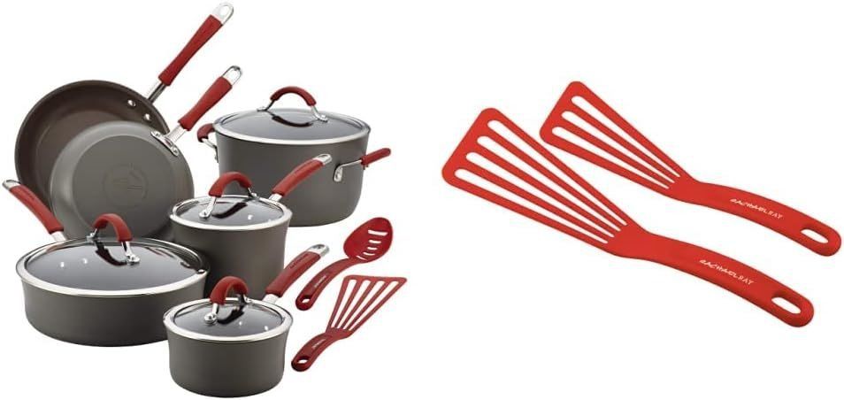 Rachael Ray Cucina Dishwasher Safe Hard Anodized Nonstick Cookware Pots and Pans Set, 12 Piece, Gray with Orange Handles