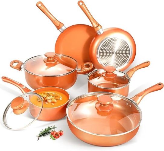 Pots and Pans Set,Aluminum Cookware Set, Nonstick Ceramic Coating, Fry Pan, Stockpot with Lid, Blue,10 Pieces